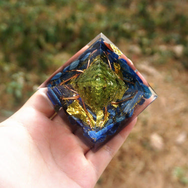 #28-Handmade Kyanite & Peridot TREE of LIFE ' ULTIMATE ALIGNMENT' ORGONITE Pyramid